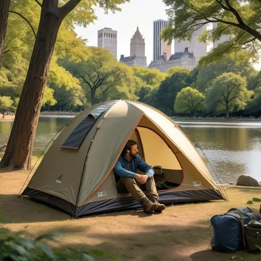 Prompt: Small dome camping tent in Central Park, camping gear inside tent, man sitting in camping chair, outdoorsy, natural scenery, high quality, realistic, detailed, serene atmosphere, warm natural lighting