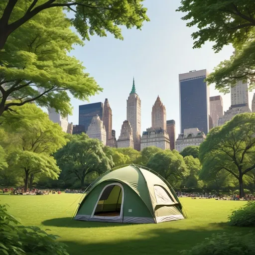 Prompt: Dome style tent in the middle of Central Park, lush greenery surrounding, vibrant city skyline in the background, high resolution, realistic artistic style, natural lighting, warm tones, detailed texture, peaceful atmosphere, New York City, outdoors, cityscape, vibrant, high quality, detailed, realistic, dome tent, lush greenery, city skyline, natural lighting, warm tones