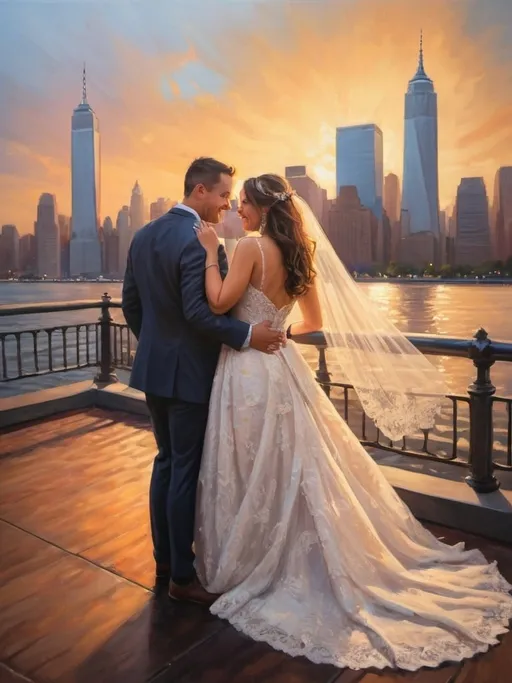 Prompt: wedding by the river, battery park NYC, elegant, romantic, vibrant, high quality, oil painting, sunset, warm tones, flowing bridal gown, intricate lace details, happy couple, joyful celebration, city skyline backdrop, lively atmosphere, professional, detailed brushwork