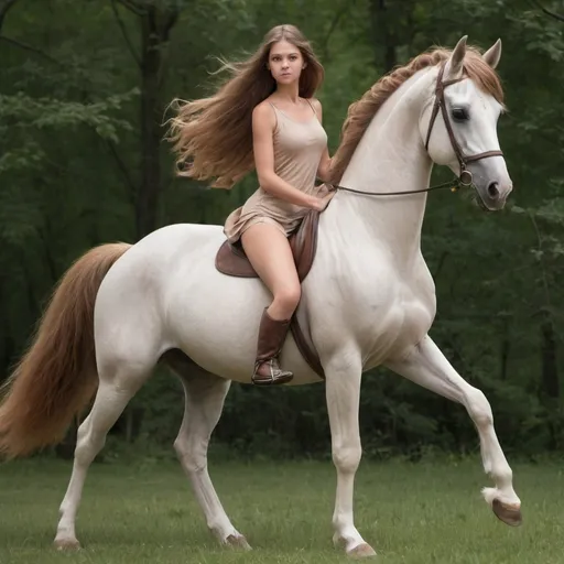 Prompt: The girl centaur has the upper body of a young girl with long, flowing hair that cascades down her back, blending with her equine lower body. Her large, expressive eyes reflect curiosity and intelligence. She wears a simple tunic that complements her slender frame. Her horse body is a sleek chestnut color, with a matching mane and tail, and well-defined muscles. She moves with fluid grace, her polished hooves clicking softly on the ground. Comfortable in nature, she embodies a blend of human and equine beauty, exuding a sense of freedom and wildness, yet approachable and gentle.
