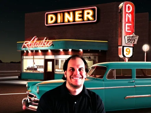 Prompt: Classic roadside diner, realistic style, vintage, nostalgic, neon signs, bustling atmosphere, detailed interior, 1950s vibe, high quality, realistic, vintage, nostalgic, bustling, detailed, 1950s, neon signs, bustling atmosphere, detailed interior, realistic style, classic diner