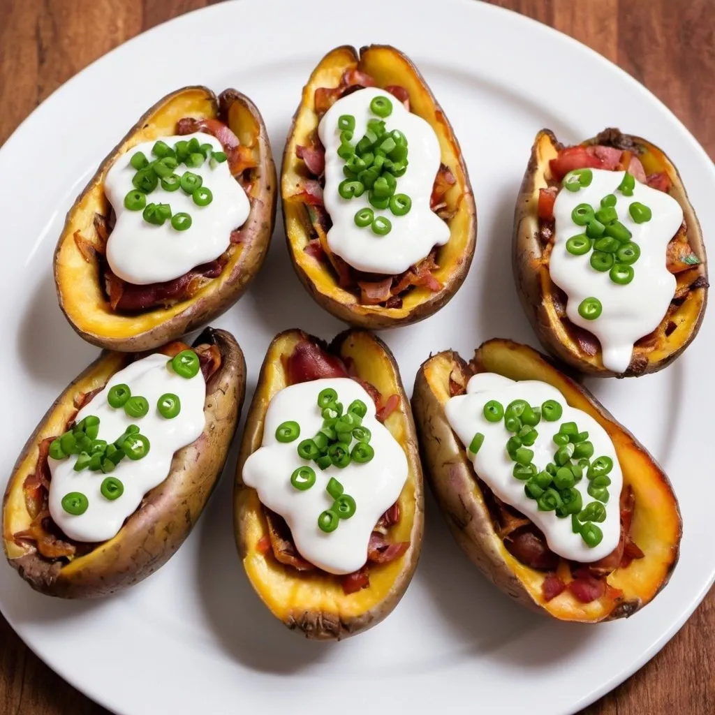 Prompt: Six loaded potato skins on a plate