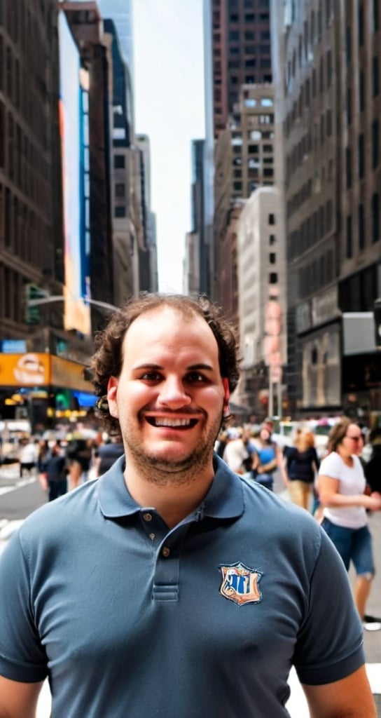 Prompt: A good image of a man in New York City a lot of details on his face he's wearing a polo shirt and blue jeans and has a full head of hair