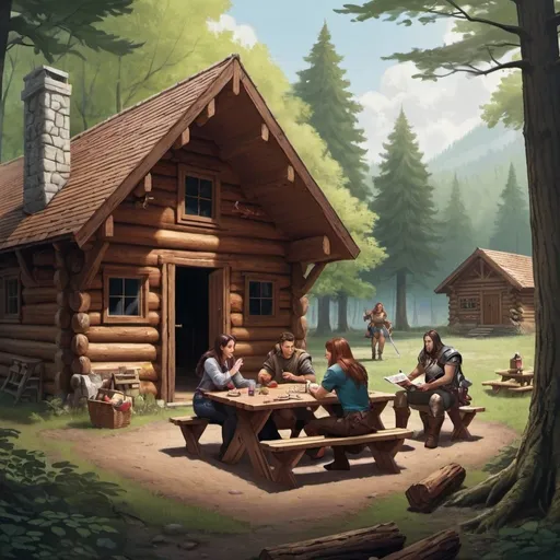 Prompt: Three people in the woods at a picnic table playing dungeons and dragons a log cabin in the background but they are far away from it. 