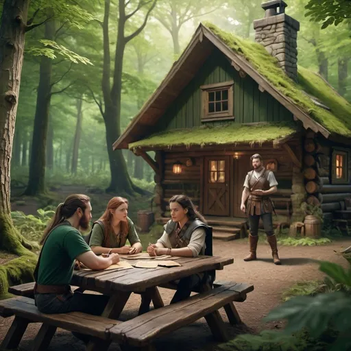 Prompt: Three friends playing Dungeons & Dragons in the woods, distant log cabin, natural lighting, detailed faces, rustic wooden picnic table, lush green surroundings, fantasy genre, distant log cabin, cozy atmosphere, highres, detailed characters, woodland setting, immersive storytelling