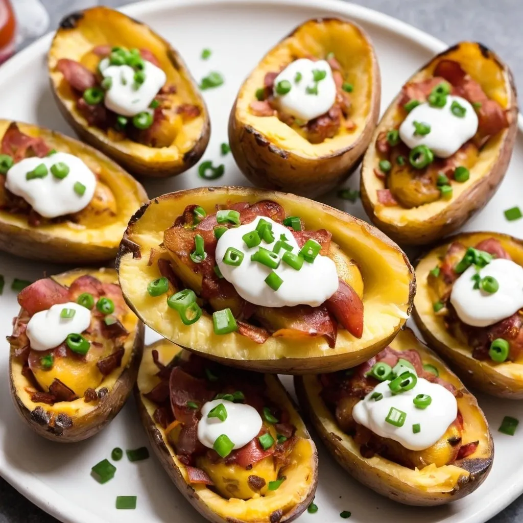 Prompt: A plate of loaded potato skins