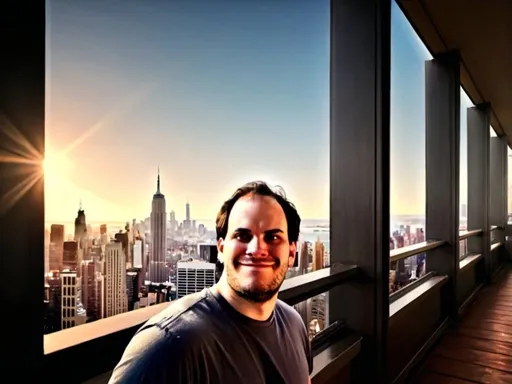 Prompt: Man on balcony in New York high-rise apartment, Manhattan skyline view, realistic painting, detailed cityscape, professional artist, 4k, ultra-detailed, realistic, urban, modern, detailed skyline, city lights, professional, atmospheric lighting, realistic painting, detailed cityscape, modern city, high quality, realistic, detailed, urban landscape, city view, professional artist, detailed skyline, modern, atmospheric lighting