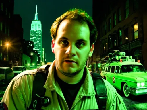 Prompt: Ghostbuster in New York City, mixed media art, iconic Ecto-1, eerie supernatural presence, detailed city skyline, cinematic quality, realistic, urban fantasy, spectral green lighting, vintage vibe, 80s nostalgia, high contrast, gritty urban aesthetic, supernatural, paranormal, spectral green, detailed cityscape, professional-level art, atmospheric lighting