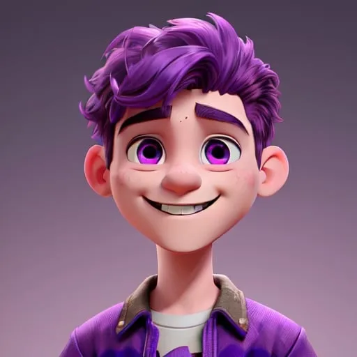 Prompt: a 12 boy that has purple hair and has purple eyes and a smile and has a VR on his head and it says (ITS LIFE).