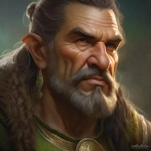 Prompt: Three-quarters portrait of aged half-orc commander, stout face, highly regarded, highly detailed, digital painting, art by Stanley Lau and Artgerm and magali villeneuve and Alphonse Mucha, artstation, octane render, cgsociety
