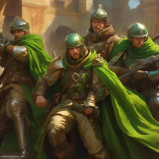 Prompt: A shot of a group of terrified soldiers wearing armor with green cloth, steampunk, highly detailed, digital painting, art by Stanley Lau and Artgerm and magali villeneuve and Alphonse Mucha, artstation, octane render, cgsociety
