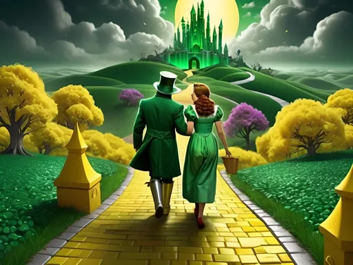 Prompt: Wizard of Oz themed digital artwork, magical emerald city, iconic yellow brick road, whimsical fantasy landscape, dark  and vibrant colors, high quality, fantasy,  wizard of oz theme, scary landscape, emerald green, magical, detailed digital drawings atmospheric lighting