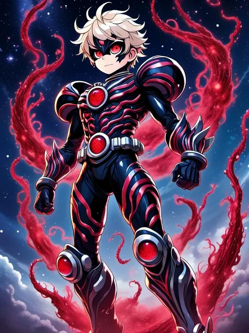 Prompt: <mymodel> ((tentacles)) 2D anime-style full-body illustration of a rubber boy with light-colored hair in Ultraman-inspired armor featuring angular red, silver, and black pieces. He floats in a night sky without gravity, surrounded by swirling stars and clouds. The boy exudes an evil aura, with glowing red and blue elements on his armor and a sinister expression. The dynamic background emphasizes the tentacle and energy of the night sky.