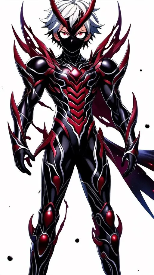 Prompt: <mymodel> ((tentacles)) 2D anime-style full-body illustration of a rubber boy with light-colored hair in glossy rubber  armor featuring angular red, silver, and black pieces. He floats in a night sky without gravity, surrounded by swirling stars and clouds. The boy exudes an evil aura, with glowing red and blue elements on his armor and a sinister expression. The dynamic background emphasizes the tentacle and energy of the night sky.