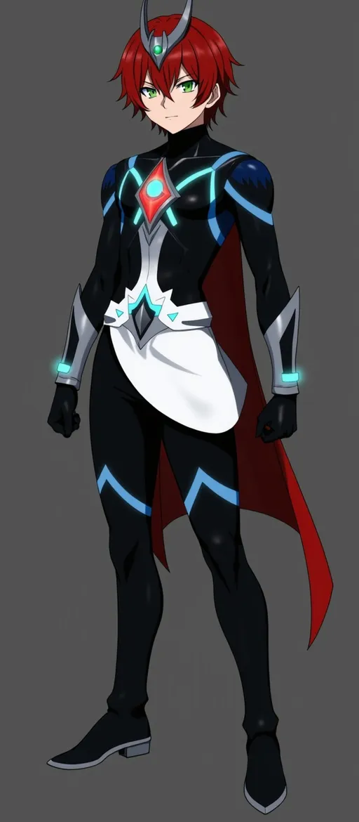 Prompt: @ZVyfYuWutvgATe4DymwM
evil dark face shota
 Anime style, a teenage boy with a human face, short black hair, dark henshin backle belt with a large, metallic buckle, designed with angular lines and sharp edges, seamlessly integrated into the armor's aesthetic, providing a sleek yet sturdy appearance, adding to the overall heroic and powerful presence of the character.glowing green eyes, and two small horns protruding from his forehead, with a red base color for the head, his torso covered in blue armor with white lines and a large red energy particle glowing at the center, his arms in black armor with blue energy lines running along them and green glowing accents, his legs in gray and blue armor with special energy flows, highly detailed, full-body vertical, 8K resolution.