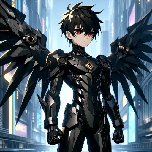 Prompt: (( anime style )) 2d illustration,12age dark nofeeling boy fullbody appearance features pvc glossy tights, pitch-black armor with a metallic sheen that subtly reflects light, a sharp,evil angular head  with a large V-shaped emblem, device on left arm and deep red eyes that exude intensity. His chest boasts a striking golden mark, with robust shoulder plates and armored arms, while black energy wings extend from his back, radiating dark energy, creating a powerful and unified presence.heisei,genshin impact,megaman,
sf city background