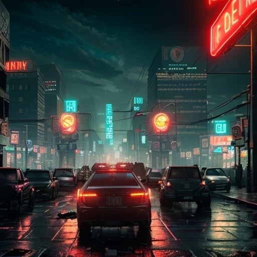 Prompt: dystopian city district with neon signs and homeless people all around with cars stopped at a red light