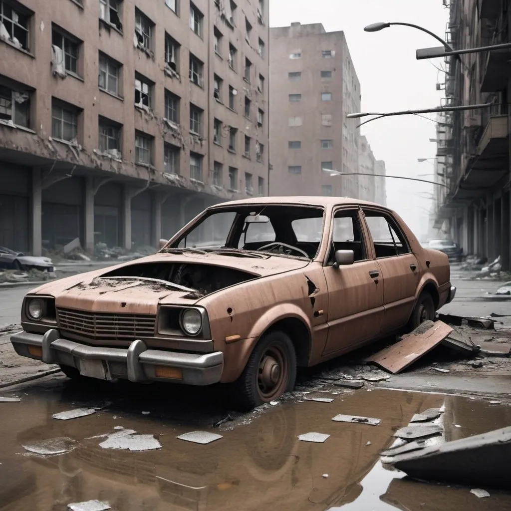 Prompt: damaged car in a dystopian cityslum
