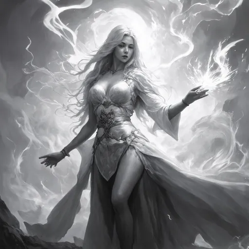 Prompt: a grayscale sorceress casting white magic nature powerful magic abstract