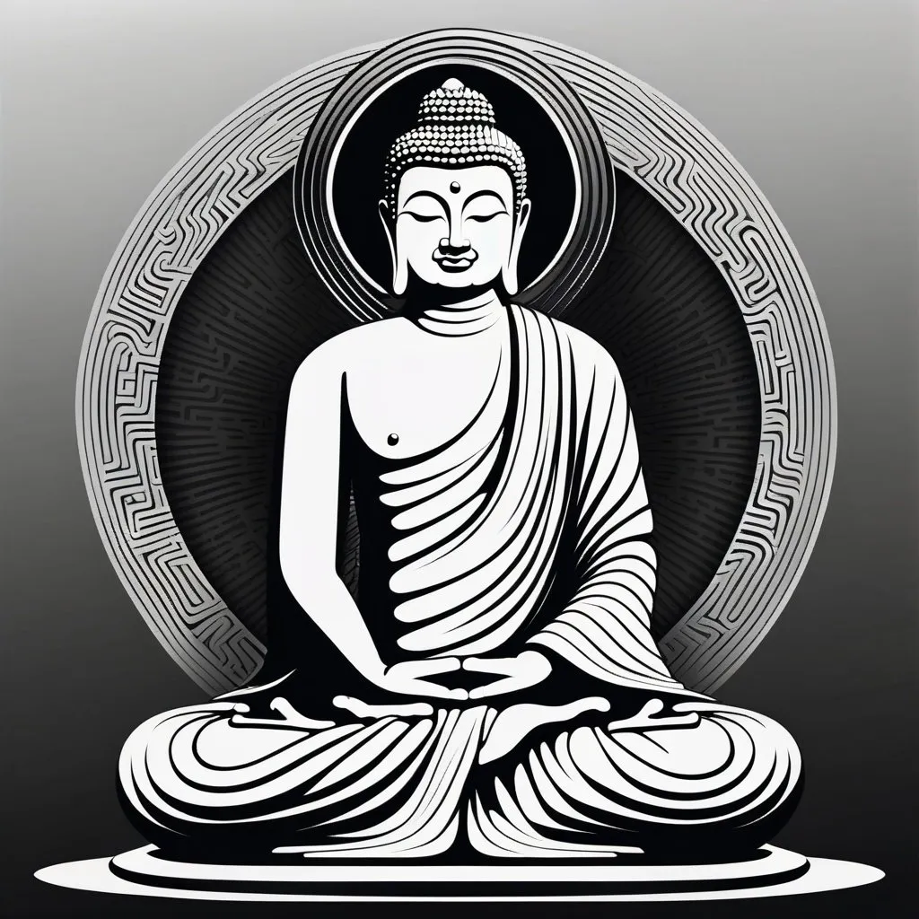 Prompt: trippy grayscale vector with thick lines for meditation buddha slightly abstract 