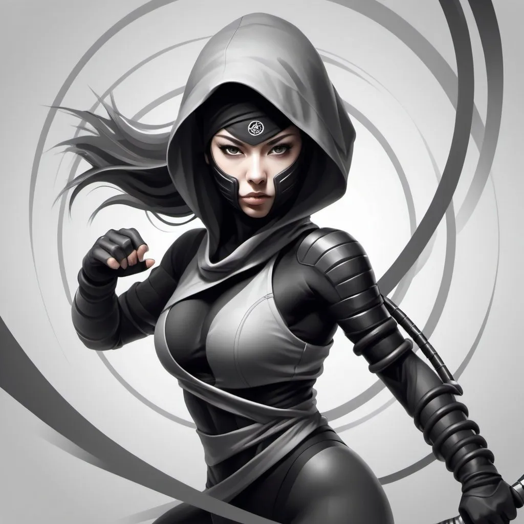 Prompt: abstract vectoring vortex and tubular lines greyscale female ninja