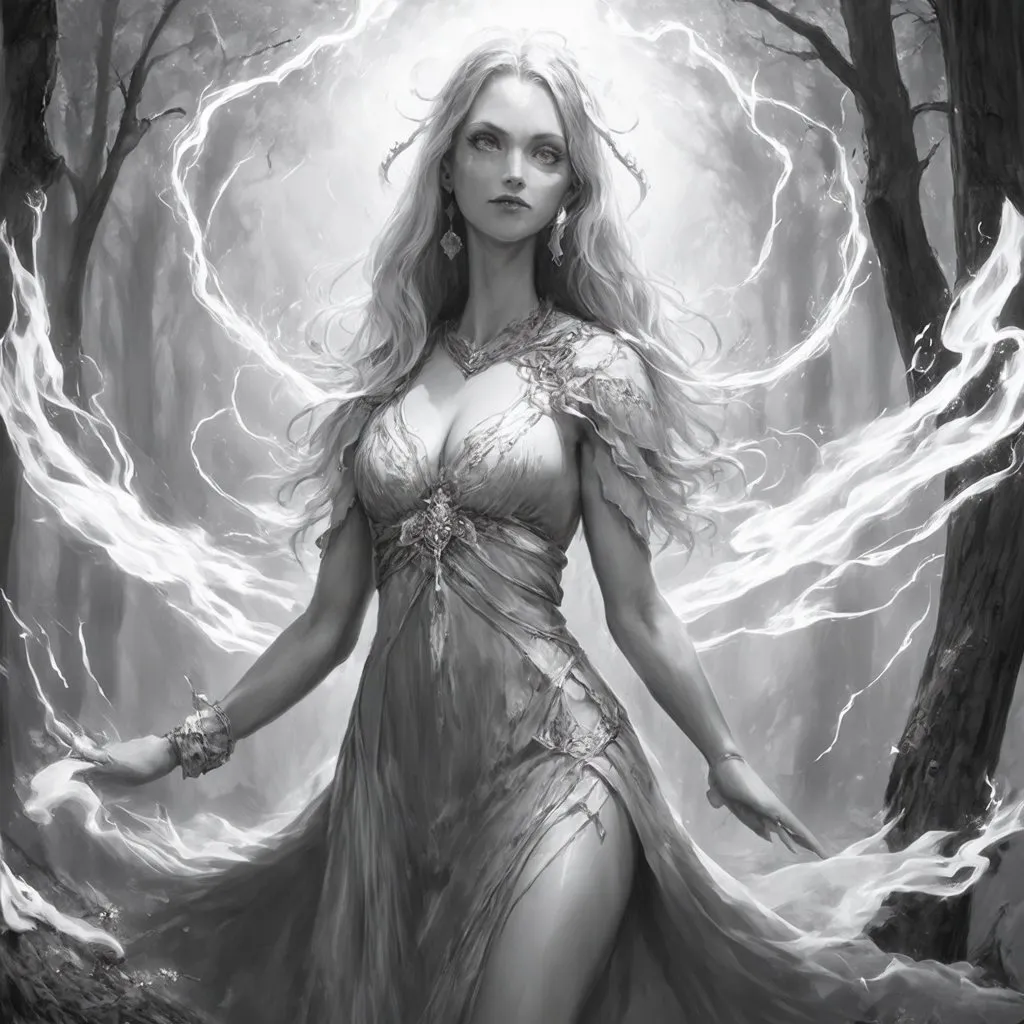 Prompt: a grayscale sorceress casting white magic nature healing clad sheer