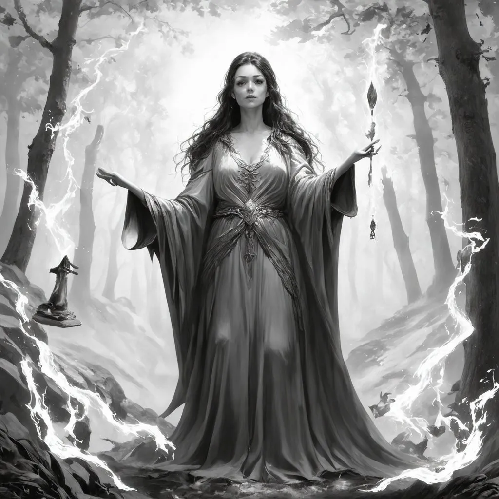 Prompt: grayscale sorceress casting magic nature healing