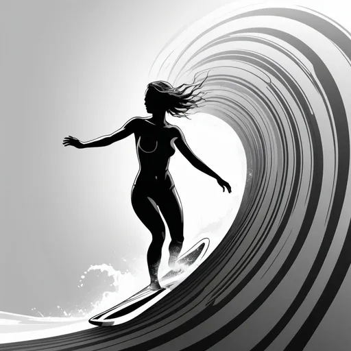 Prompt: abstract vectoring vortex and tubular lines greyscale female surfer