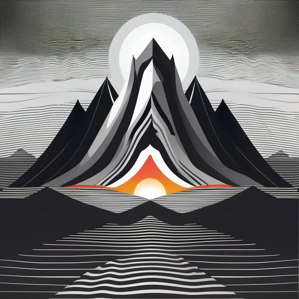 Prompt: trippy grayscale vector with thick lines for meditation mountain slightly abstract 