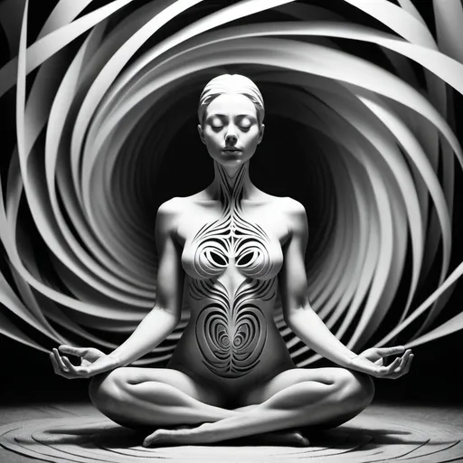 Prompt: abstract vortex and tubular greyscale female peaceful meditate body leaves envelop