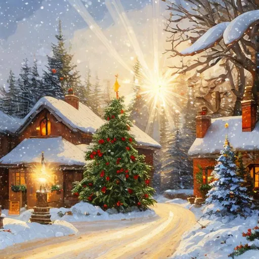 Prompt: Xmas card with the Sun, traditional oil painting, warm and inviting, sun rays peeking through snowy trees, cozy fireplace in the background, joyful atmosphere, realistic details, high quality, traditional oil painting, warm tones, cozy fireplace, snowy trees, sun rays, joyful atmosphere, realistic details