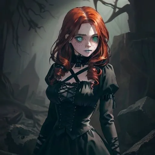 Prompt: Gothic style 5”4 survivalist. She has waist length auburn hair that falls in soft curls, blue green eyes, fair skin and freckles that dust her face. Dresses in black, gray, and red.