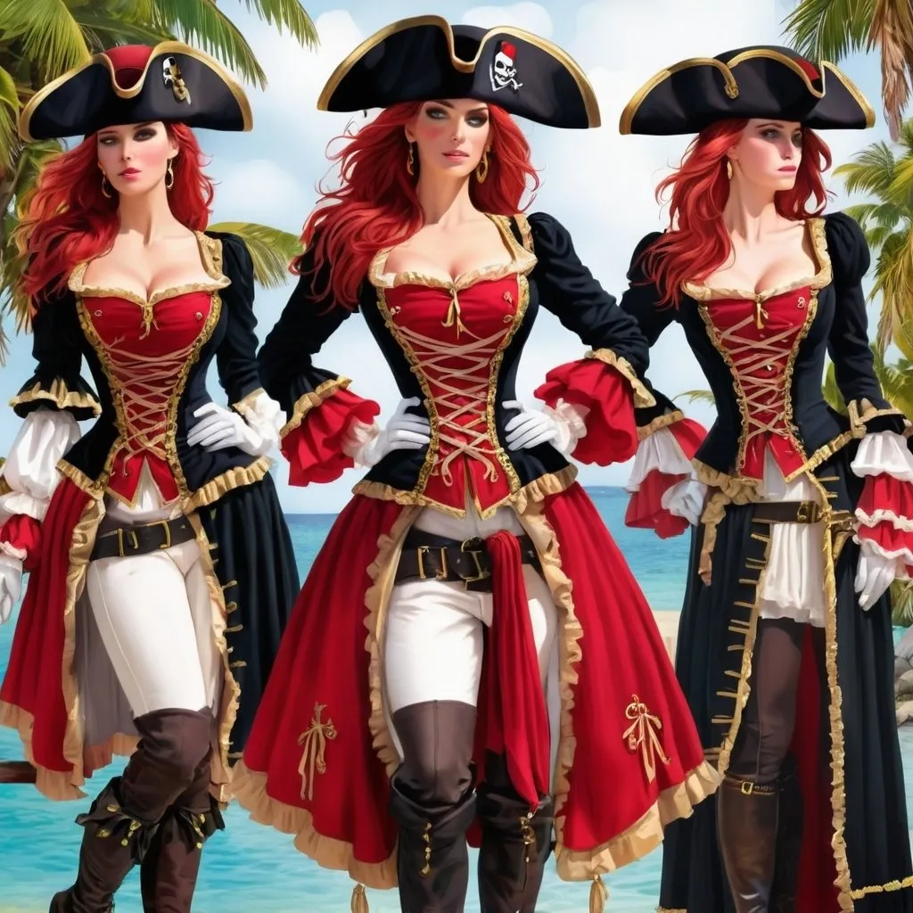 Prompt: Pirate captains dress. It's black and red, with gold trim around the edges. It has a matching hat and gloves. 