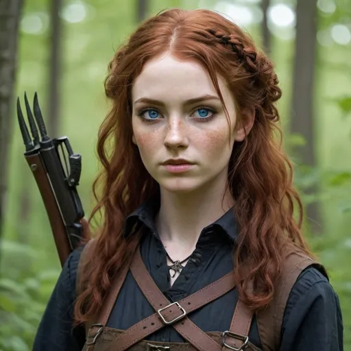 Prompt: Gothic style 5”4 survivalist. She has waist length auburn hair that falls in soft curls, blue green eyes that change color based on emotions, fair skin and freckles that dust her face. She is a skilled hunter and forager. 