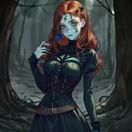 Prompt: Gothic style 5”4 survivalist. She has waist length auburn hair that falls in soft curls, blue green eyes that change color based on emotions, fair skin and freckles that dust her face. She is a skilled hunter and forager. 