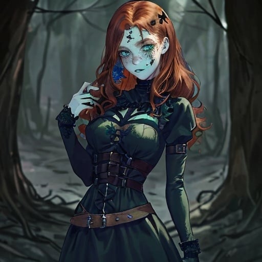 Prompt: Gothic style 5”4 survivalist. She has waist length auburn hair that falls in soft curls, blue green eyes that change color based on emotions, fair skin and freckles that dust her face. She is a skilled hunter and forager. 