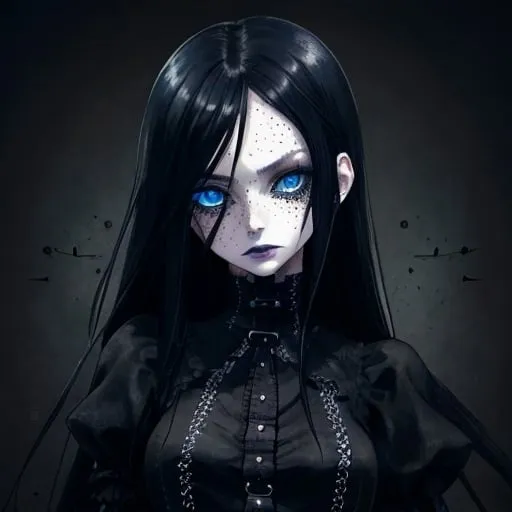 Prompt: Female, long black hair, blue eyes, freckles, gothic style clothing