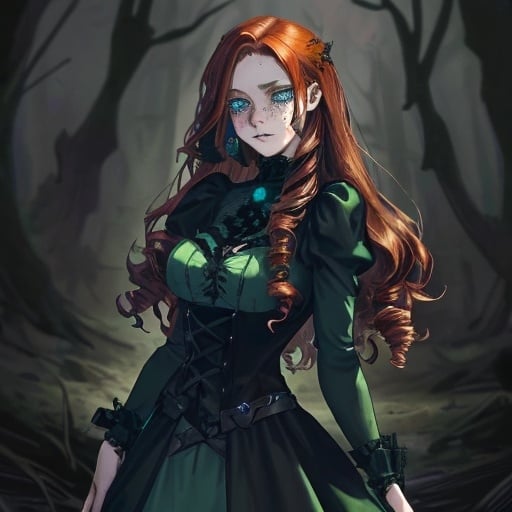 Prompt: Gothic style 5”4 survivalist. She has waist length auburn hair that falls in soft curls, blue green eyes that change color based on emotions, fair skin and freckles that dust her face. She is a skilled hunter and forager. 