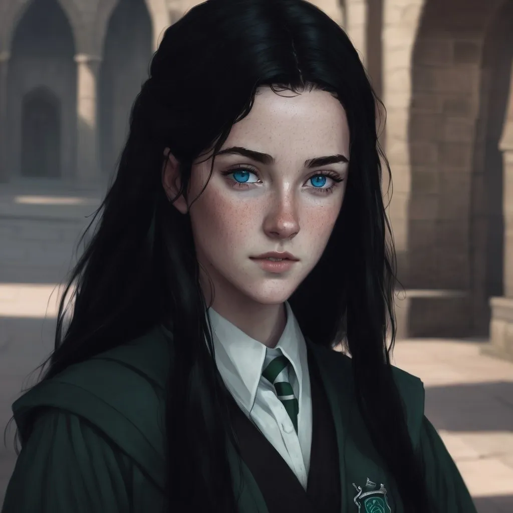 Prompt: Female, long black hair, blue eyes, freckles, Slytherin student 