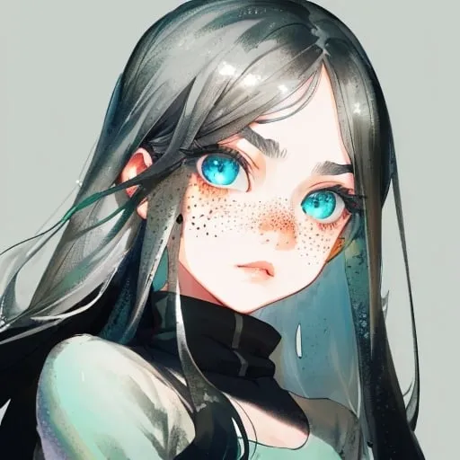 Prompt: Female, long black hair, blue eyes, freckles, green and silver