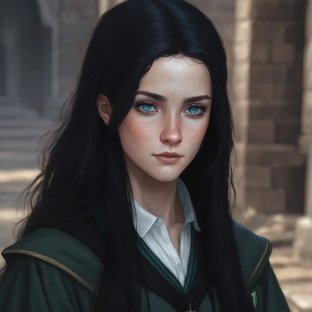 Prompt: Female, long black hair, blue eyes, freckles, Slytherin student 