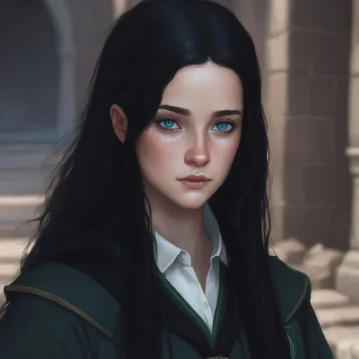 Prompt: Female, long black hair, blue eyes, freckles, Slytherin student 