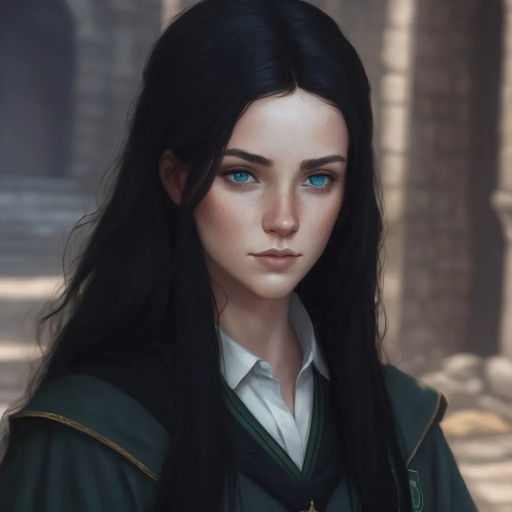 Prompt: Female, long black hair, blue eyes, freckles, Slytherin student 