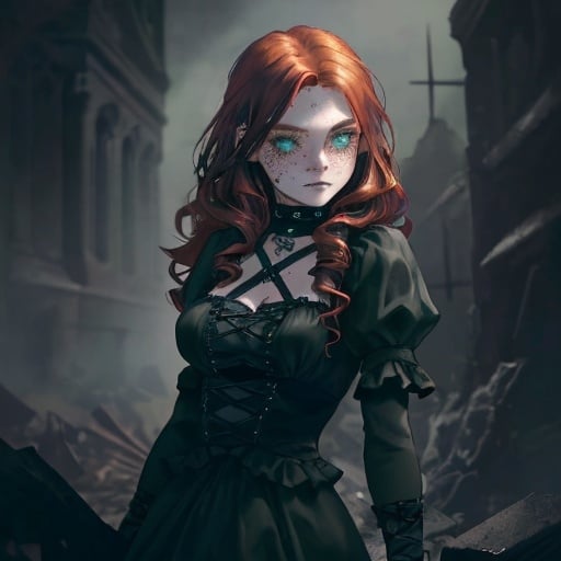 Prompt: Gothic style 5”4 survivalist. She has waist length auburn hair that falls in soft curls, blue green eyes, fair skin and freckles that dust her face. Dresses in black, gray, and red.