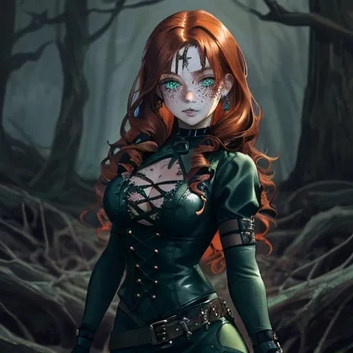 Prompt: Gothic style 5”4 survivalist. She has waist length auburn hair that falls in soft curls, blue green eyes, fair skin and freckles that dust her face. 