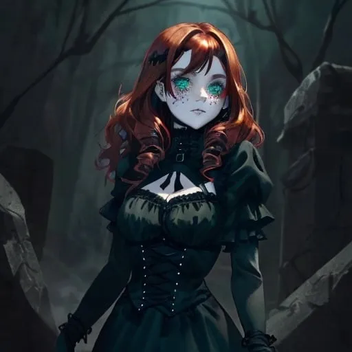 Prompt: Gothic style 5”4 survivalist. She has waist length auburn hair that falls in soft curls, blue green eyes, fair skin and freckles that dust her face. Dresses in black, gray, and red.