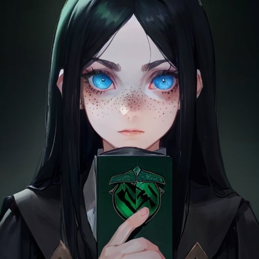Prompt: Female, long black hair, blue eyes, freckles, Slytherin student 