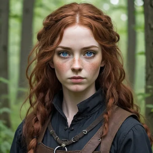 Prompt: Gothic style 5”4 survivalist. She has waist length auburn hair that falls in soft curls, blue green eyes that change color based on emotions, fair skin and freckles that dust her face. She is a skilled hunter and forager. 
