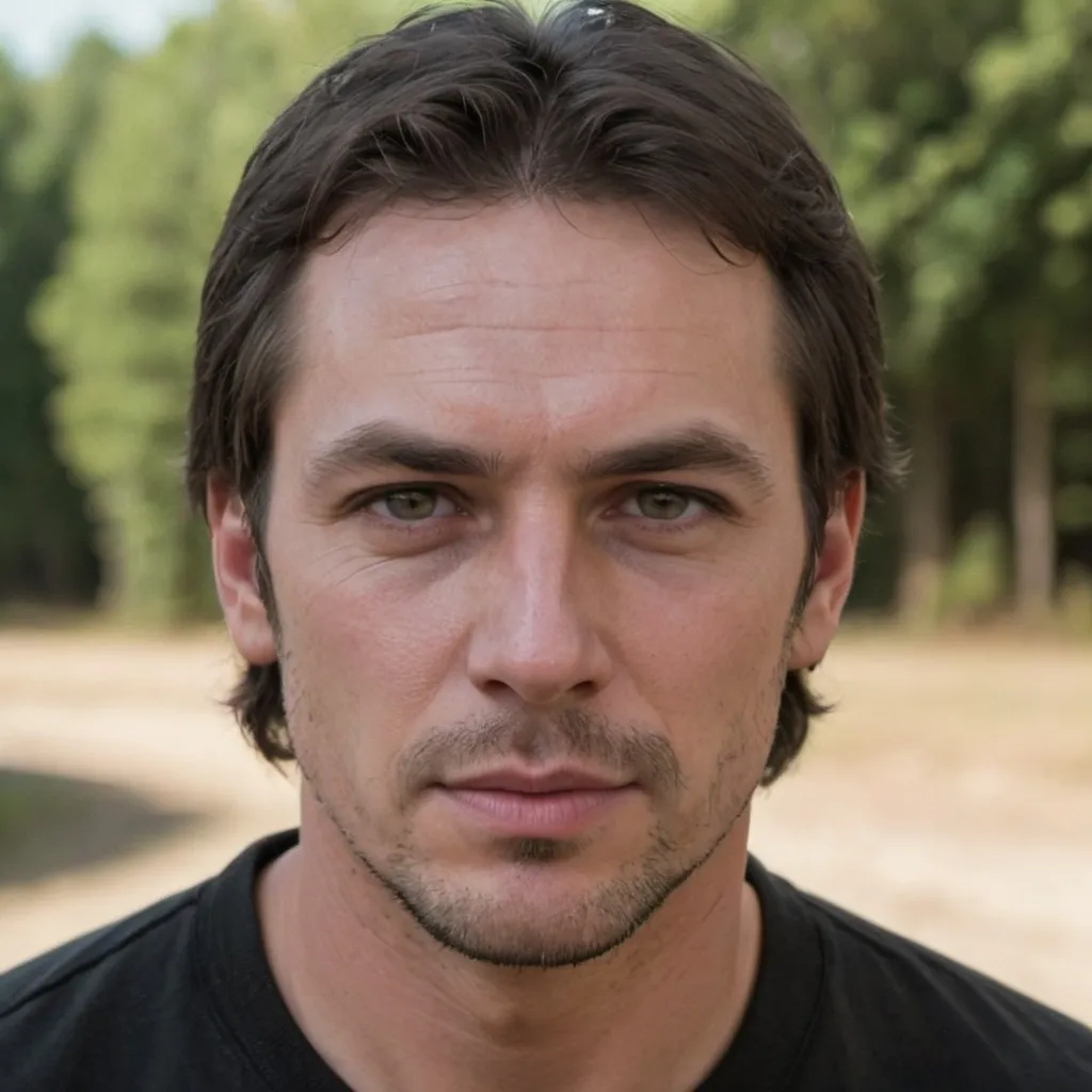 Prompt: slim built Caucasian man with brown hair and commonly keeps facial hair on his lip and chin. His eyes are green. Daryl is a both physically and emotionally strong man .He is wearing a black long-sleeved shirt and has long, brown hair half up half down  that is parted on the left side. He is looking directly at the viewer with a serious expression. There is a small cut on his left cheek. The background is blurred, suggesting that the image was taken outdoors.