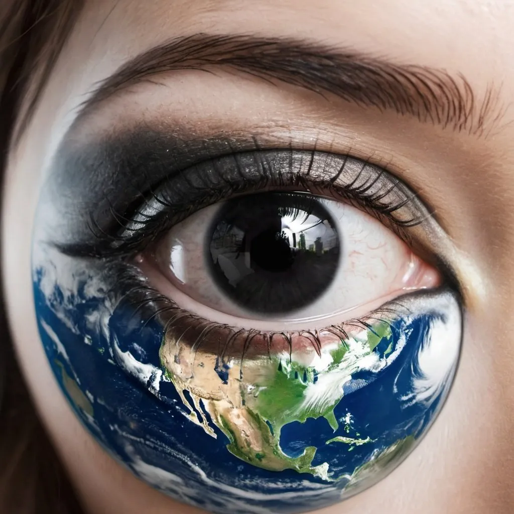 Prompt: put black and white color the earth  on women eye`s ball.  